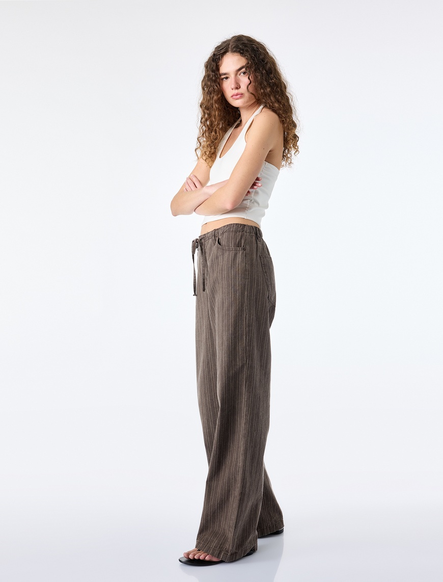 Koton Kadın Pamuklu Rahat Kalıp Beli Bağcıklı Çizgili Pantolon - Loose Straight Fit Jean