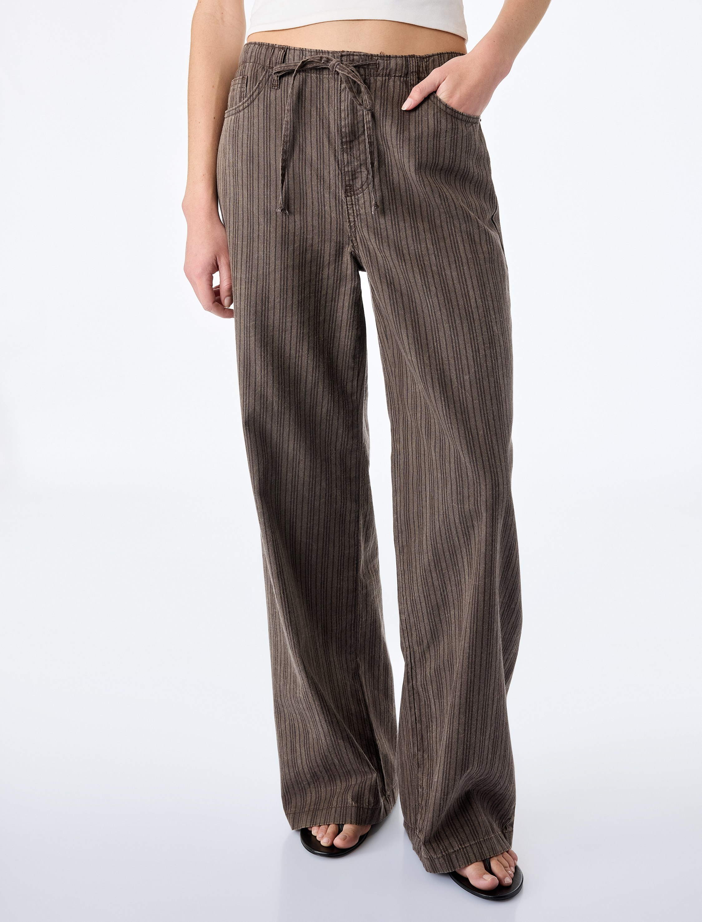   Pamuklu Rahat Kalıp Beli Bağcıklı Çizgili Pantolon - Loose Straight Fit Jean