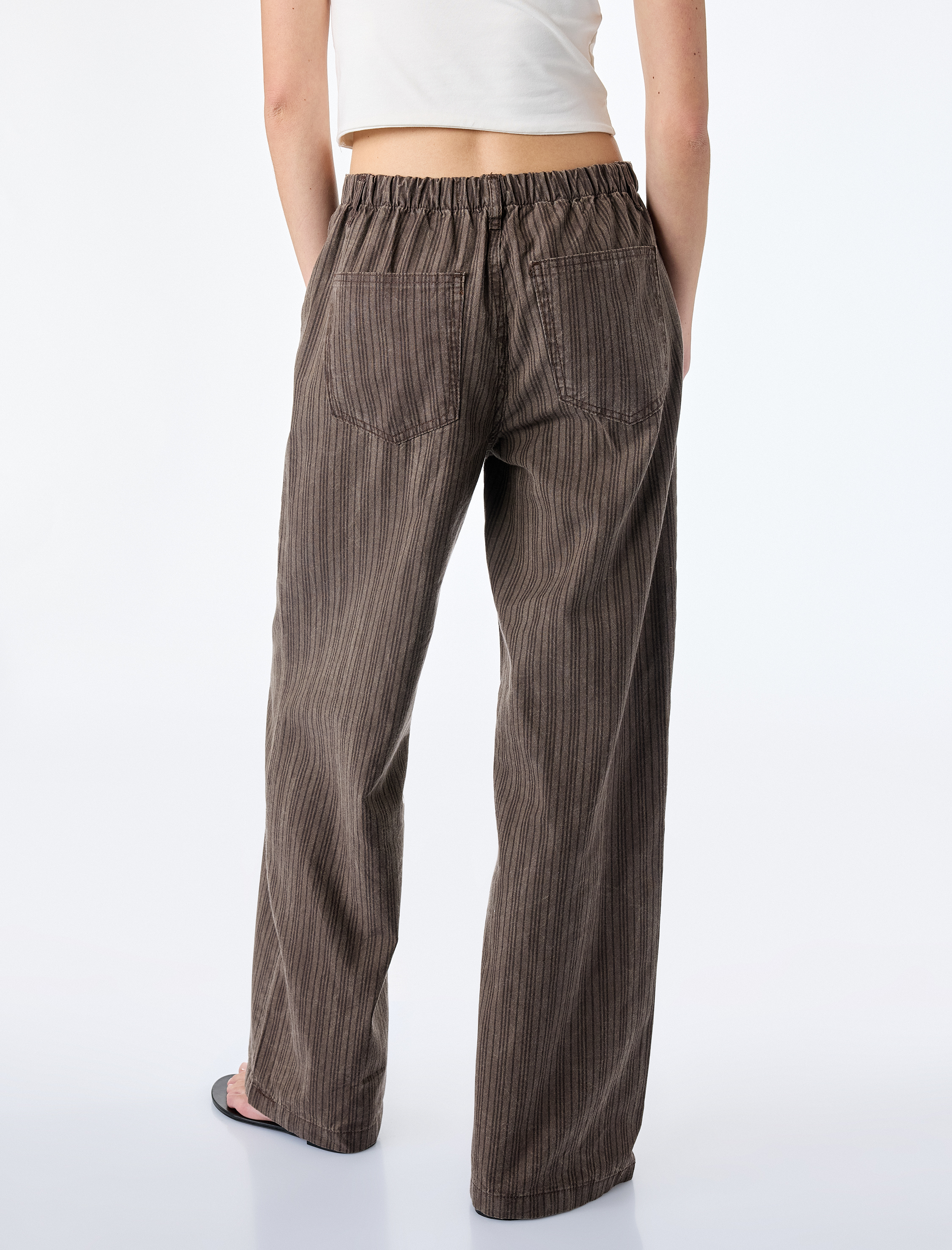   Pamuklu Rahat Kalıp Beli Bağcıklı Çizgili Pantolon - Loose Straight Fit Jean