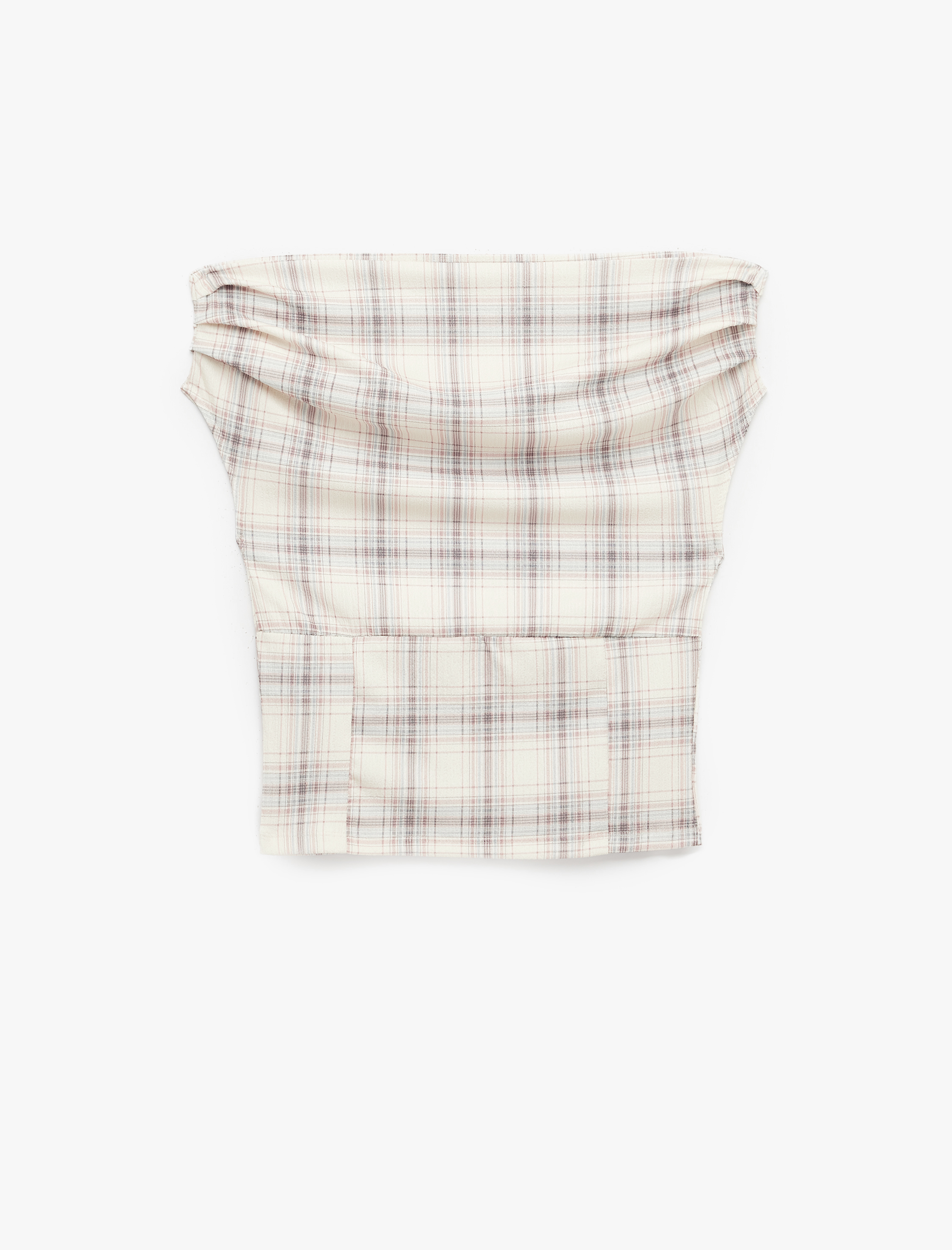   Slim Fit Kolsuz Drapeli Ekoseli Asimetrik Yaka Bluz