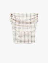 Slim Fit Kolsuz Drapeli Ekoseli Asimetrik Yaka Bluz