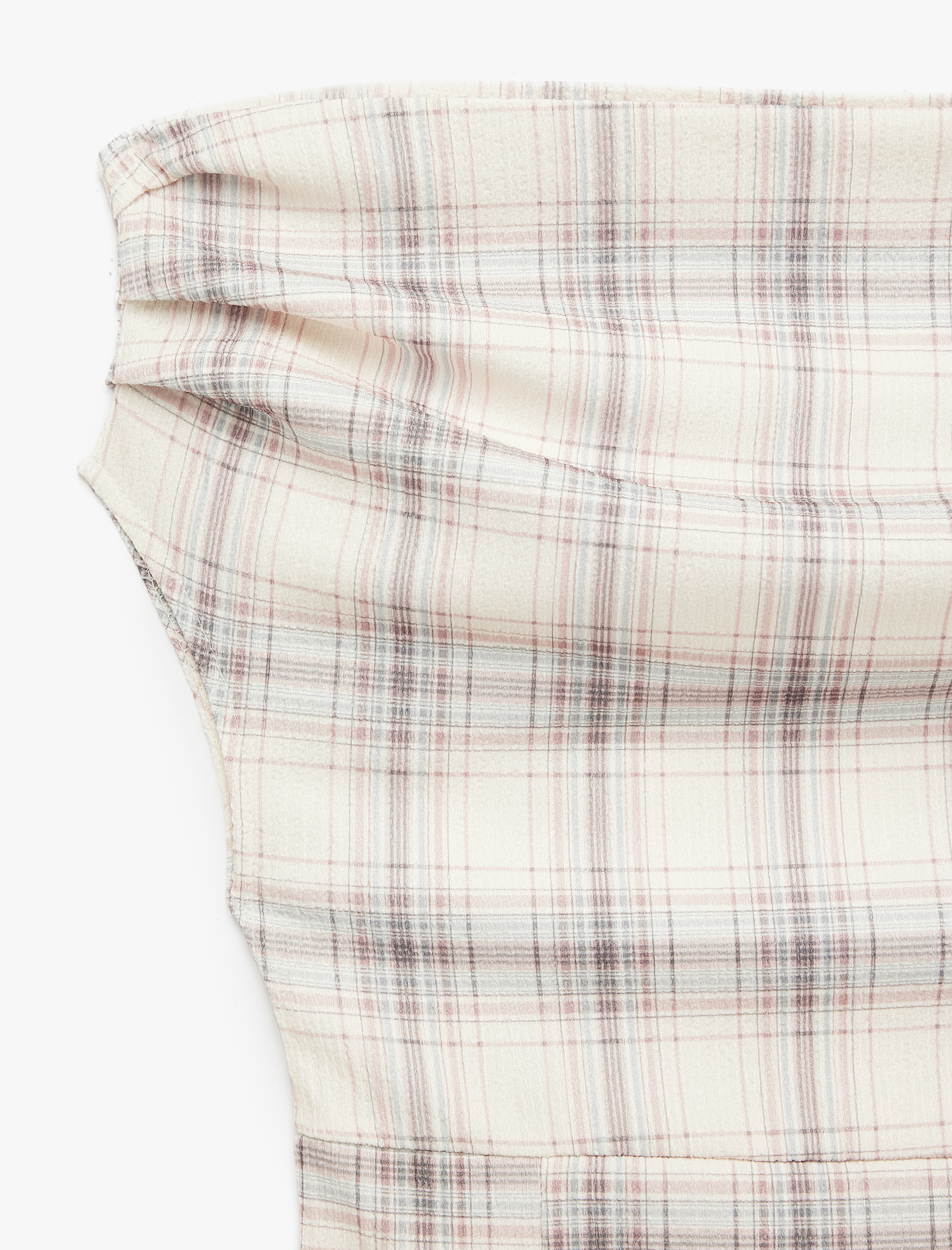   Slim Fit Kolsuz Drapeli Ekoseli Asimetrik Yaka Bluz