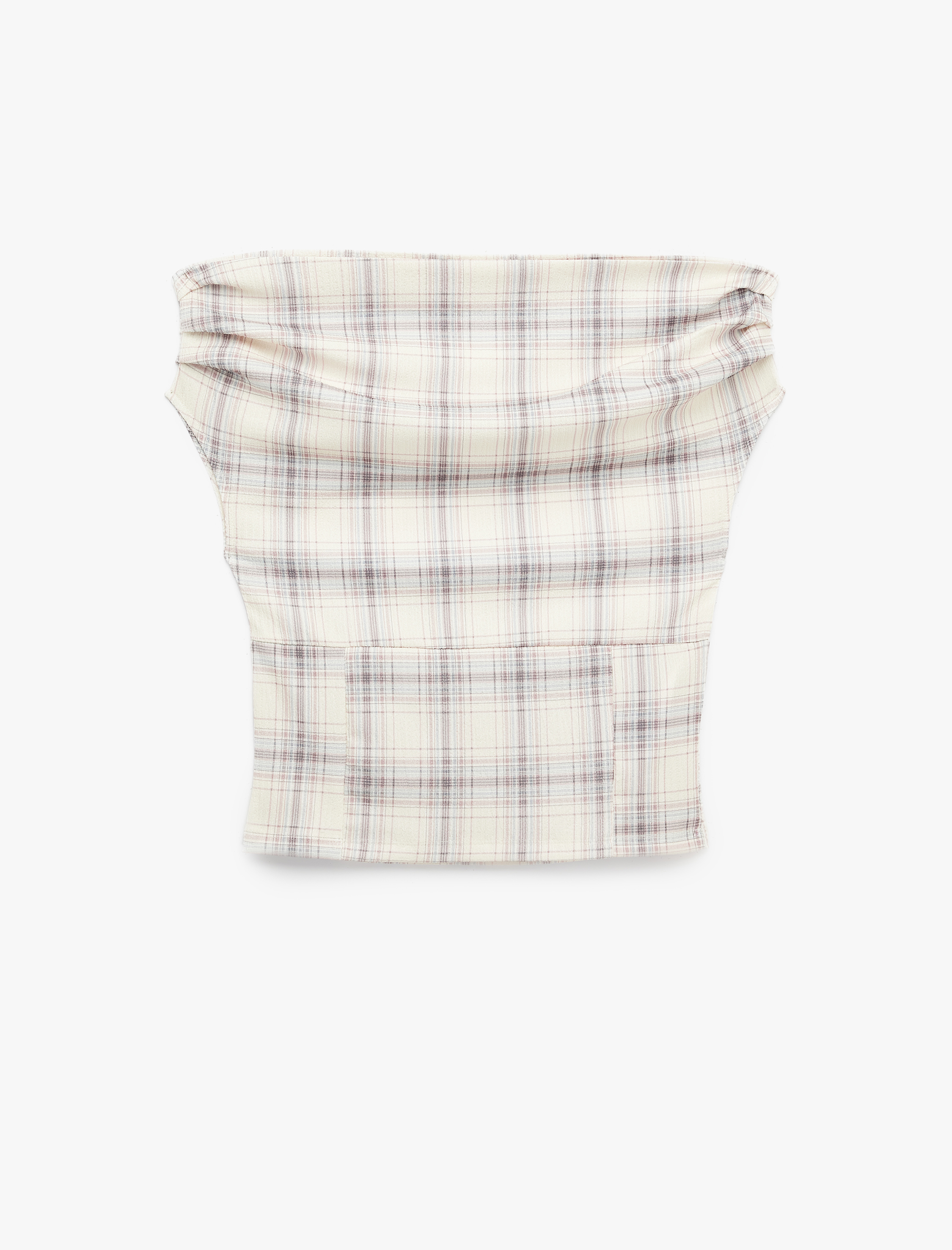   Slim Fit Kolsuz Drapeli Ekoseli Asimetrik Yaka Bluz