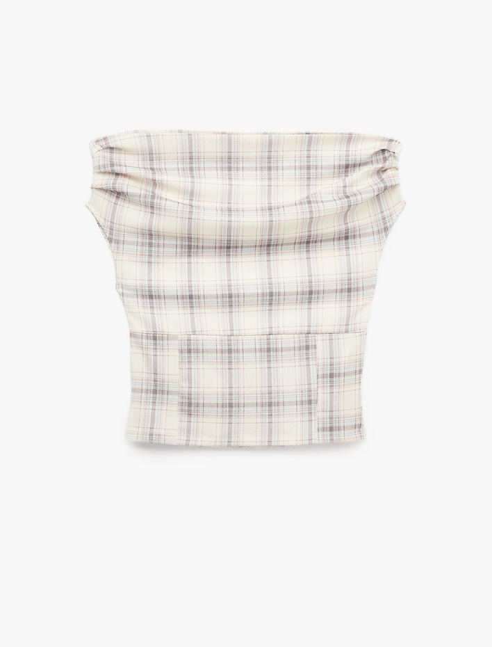  Slim Fit Kolsuz Drapeli Ekoseli Asimetrik Yaka Bluz