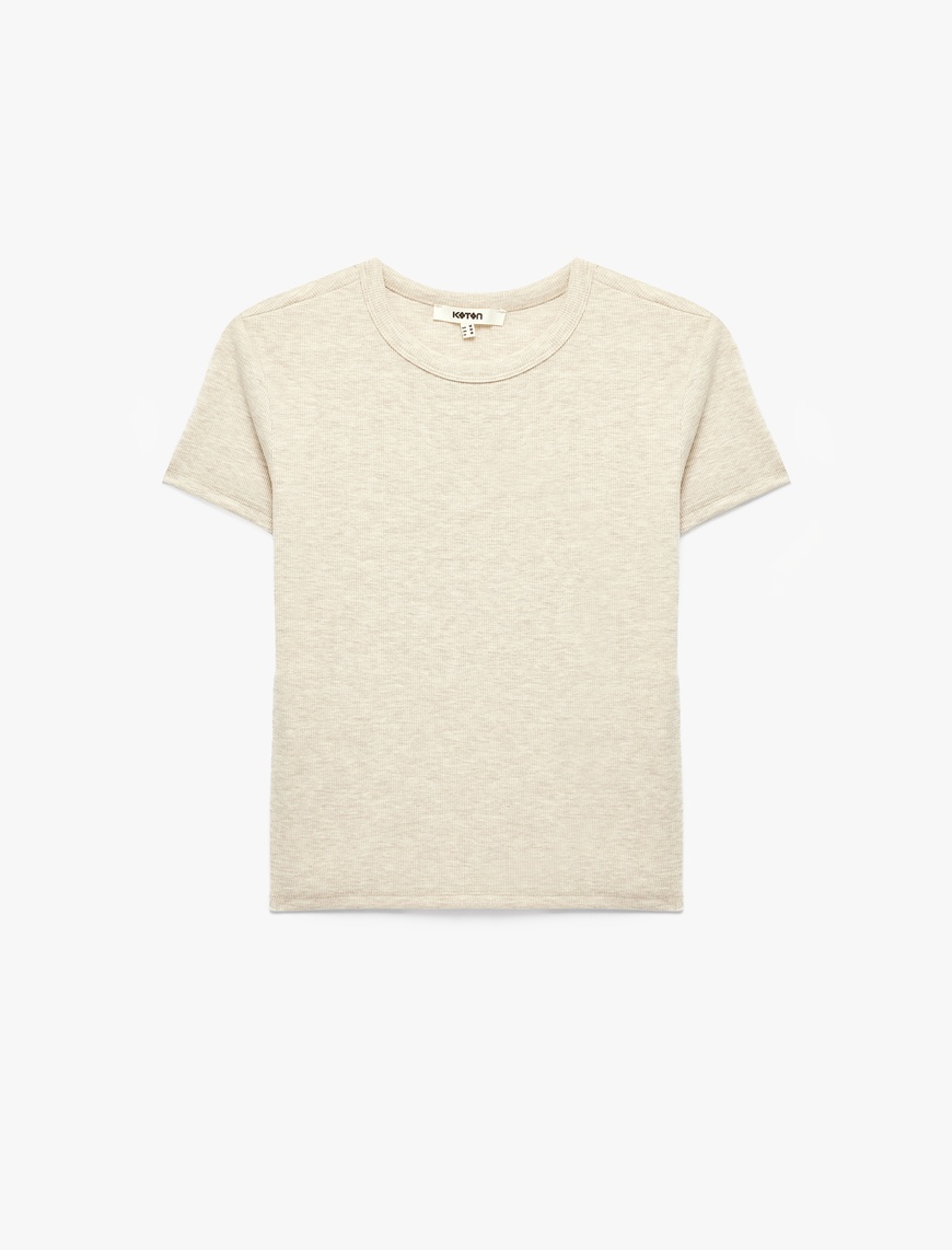 Koton Kadın Slim Fit Kısa Kollu Bisiklet Yaka Pamuklu Fitilli Basic Tişört