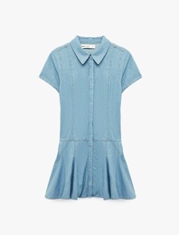 Pamuklu Klasik Yaka Kısa Kollu Düğmeli Pileli Mini Denim Elbise