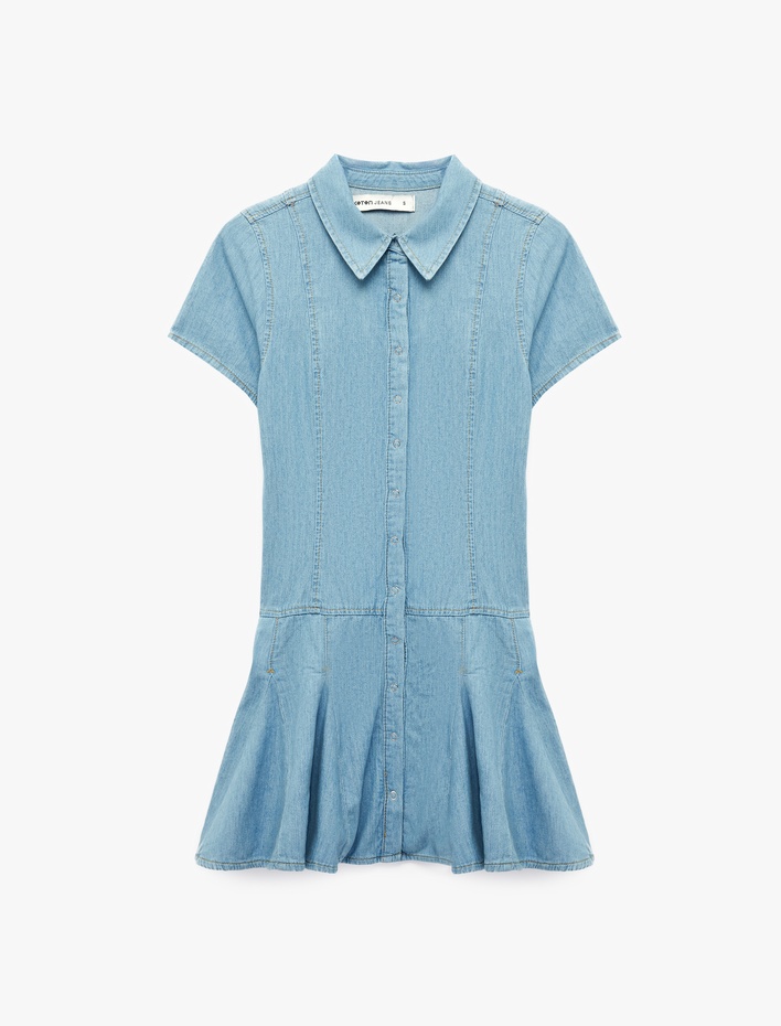 Pamuklu Klasik Yaka Kısa Kollu Düğmeli Pileli Mini Denim Elbise