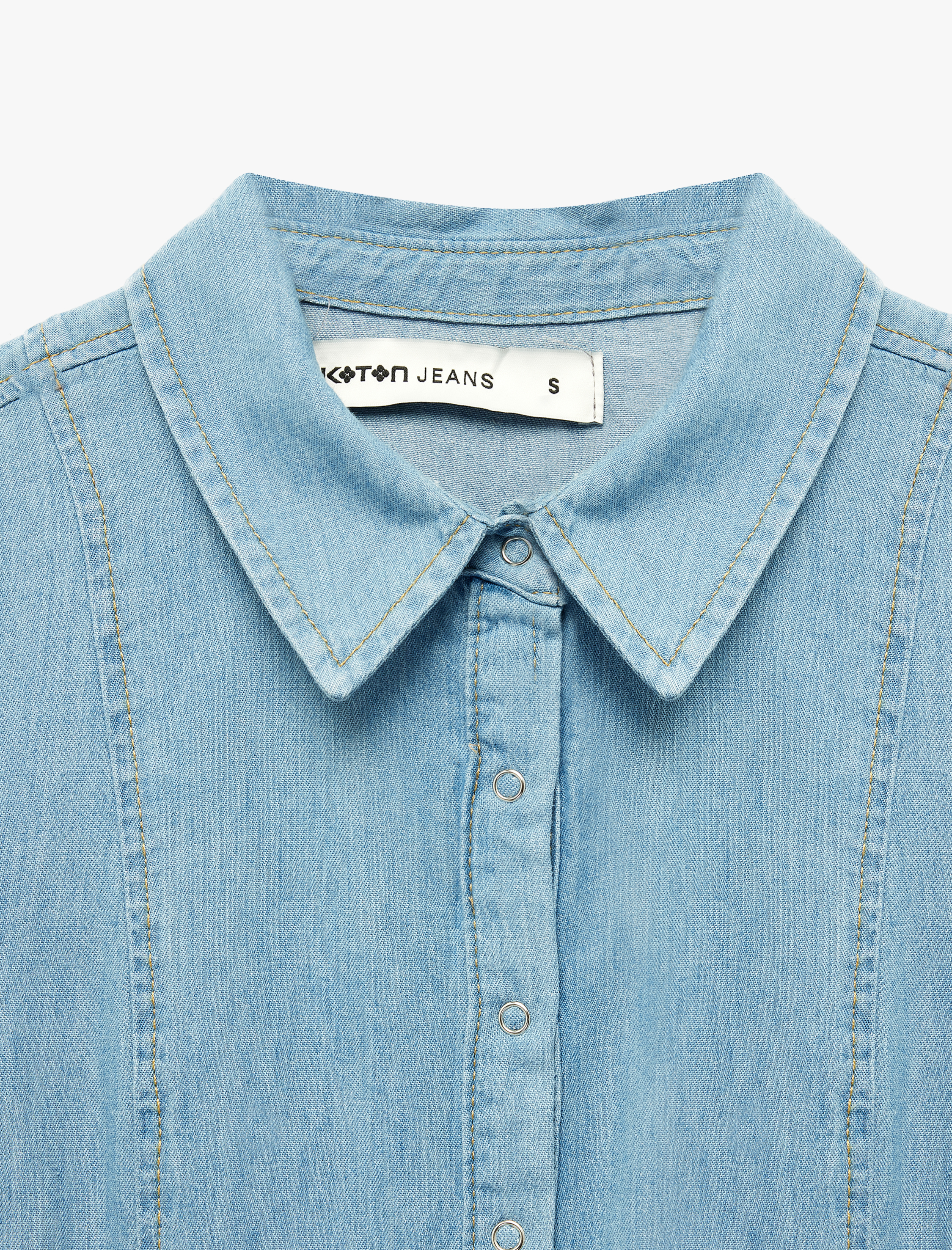   Pamuklu Klasik Yaka Kısa Kollu Düğmeli Pileli Mini Denim Elbise