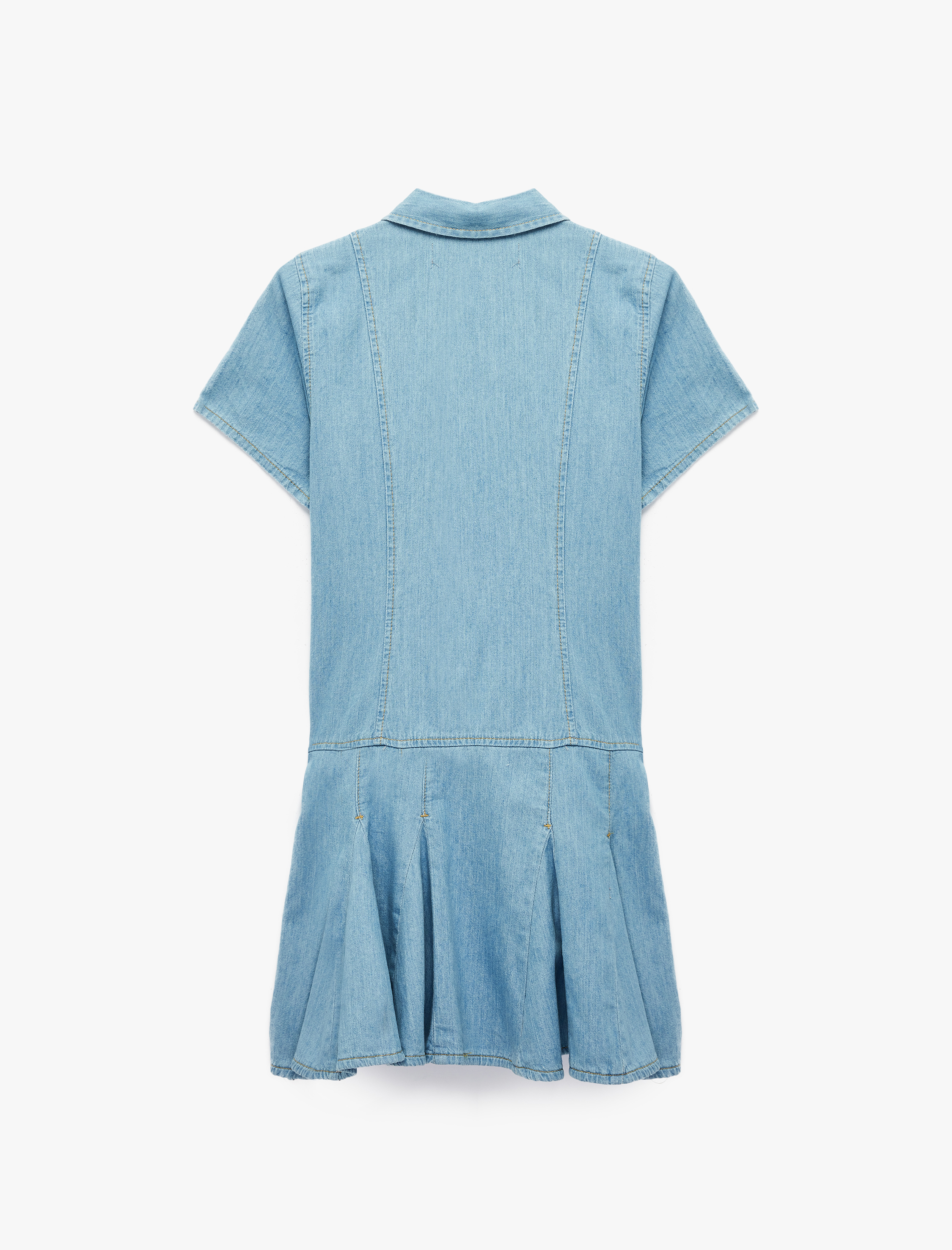   Pamuklu Klasik Yaka Kısa Kollu Düğmeli Pileli Mini Denim Elbise