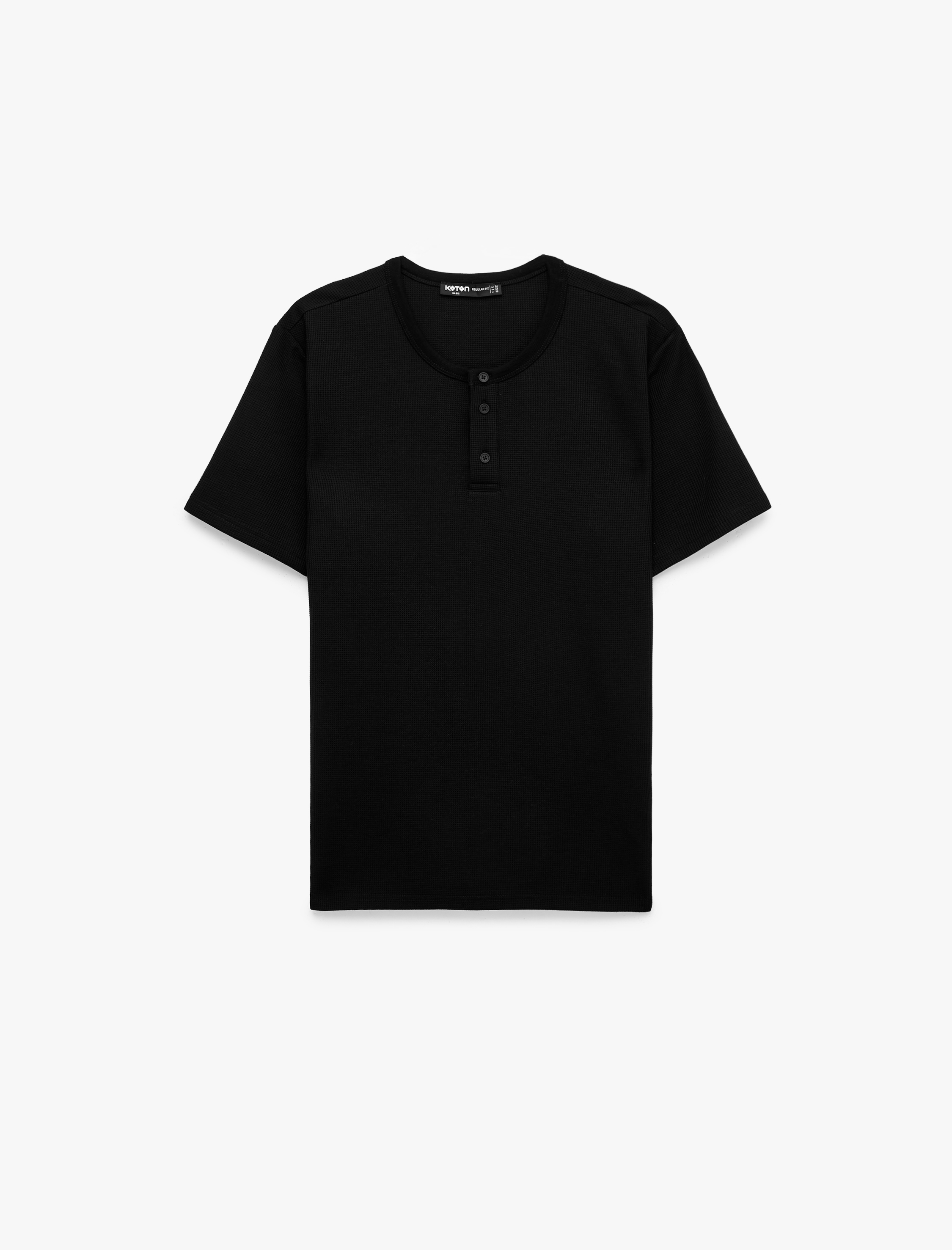   Regular Fit Waffle Dokulu Kısa Kollu Düğmeli Henley Yaka Tişört
