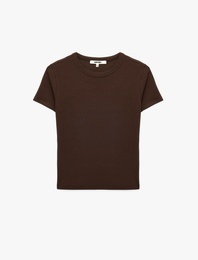 Slim Fit Kısa Kollu Bisiklet Yaka Pamuklu Fitilli Basic Tişört