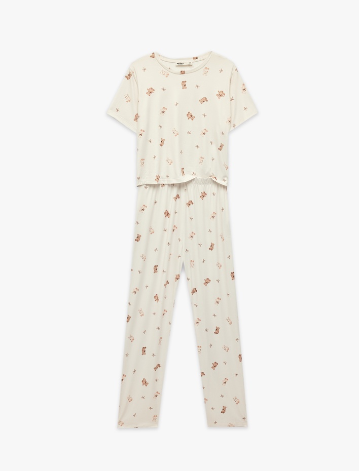  Rahat Kalıp Bisiklet Yaka Kısa Kollu Baskılı Pijama Takımı
