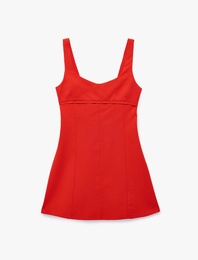 Keten Karışımlı Slim Fit Sırt Dekolteli Pencere Detaylı Kalın Askılı Mini Elbise