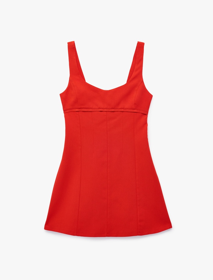  Keten Karışımlı Slim Fit Sırt Dekolteli Pencere Detaylı Kalın Askılı Mini Elbise