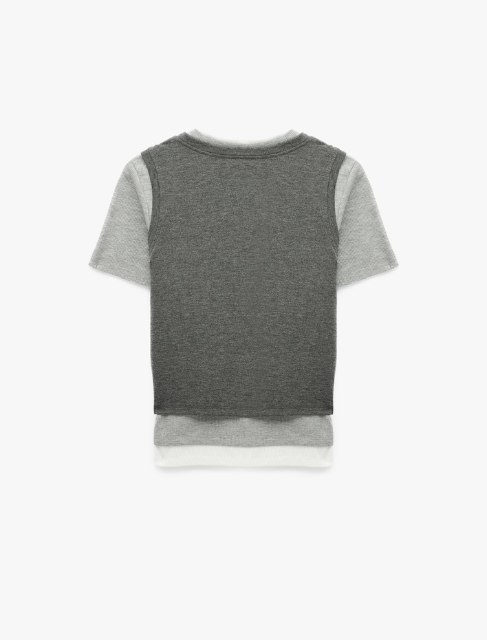  Slim Fit Bisiklet Yaka Katlı Viskon Karışımlı Kısa Kollu Tişört