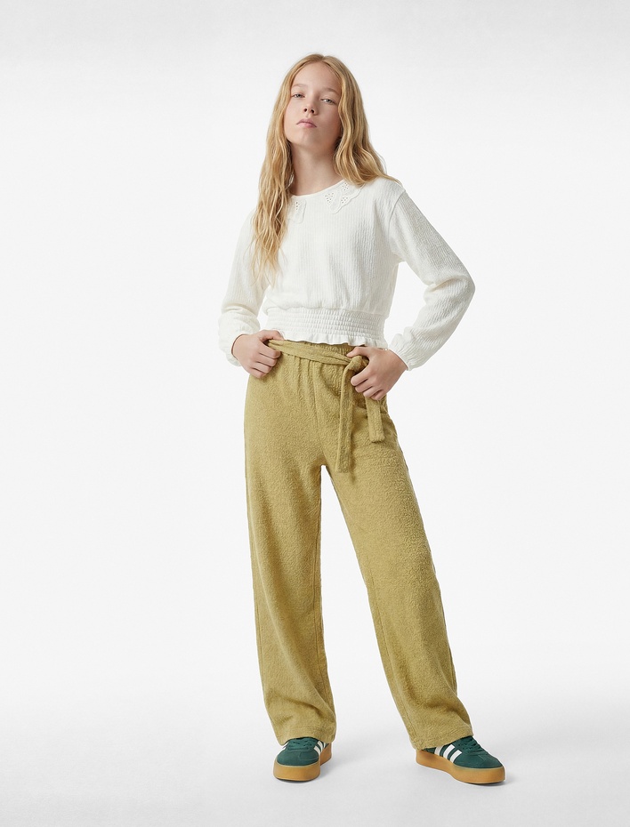 Kız Çocuk Beli Lastikli Dantel Detaylı Bisiklet Yaka Uzun Kollu Crop Bluz
