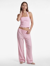 Koton X Sibil Çetinkaya - Pamuklu Beli Bağcıklı Geniş Paça Çizgili Poplin Pantolon