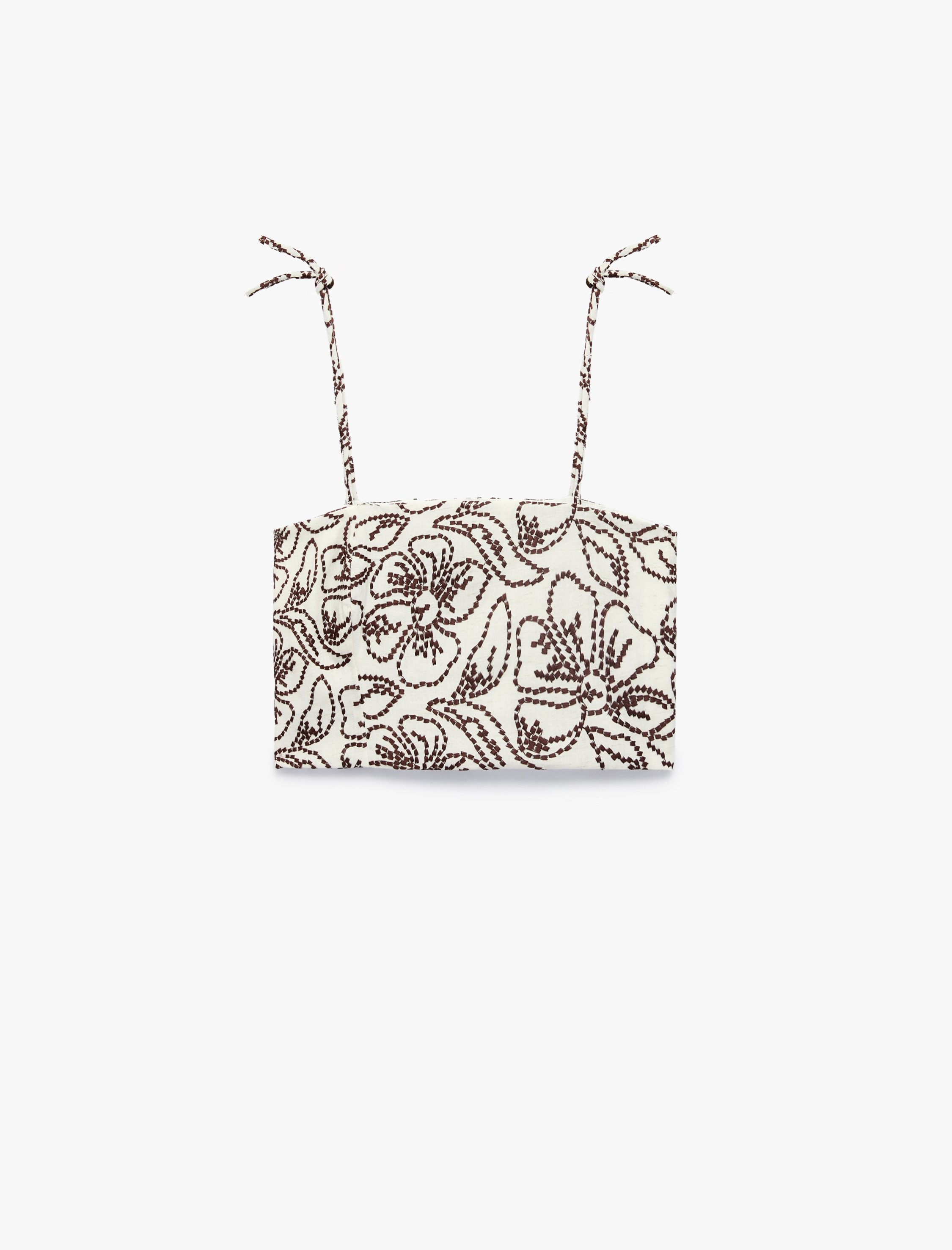  Koton X Melis Ağazat - Keten Karışımlı Floral Nakış Detaylı Bağlamalı İp Askılı Crop Büstiyer
