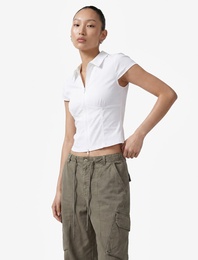 Slim Fit Kısa Kollu Klasik Yaka Fermuarlı Crop Gömlek