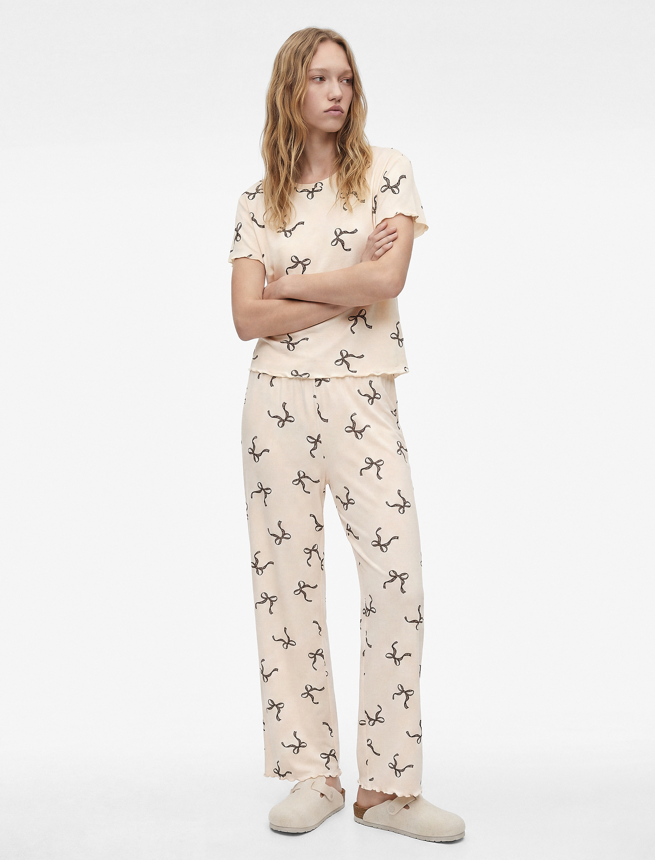   Viskon Kumaş Beli Lastikli Fiyonk Desenli Pijama Altı