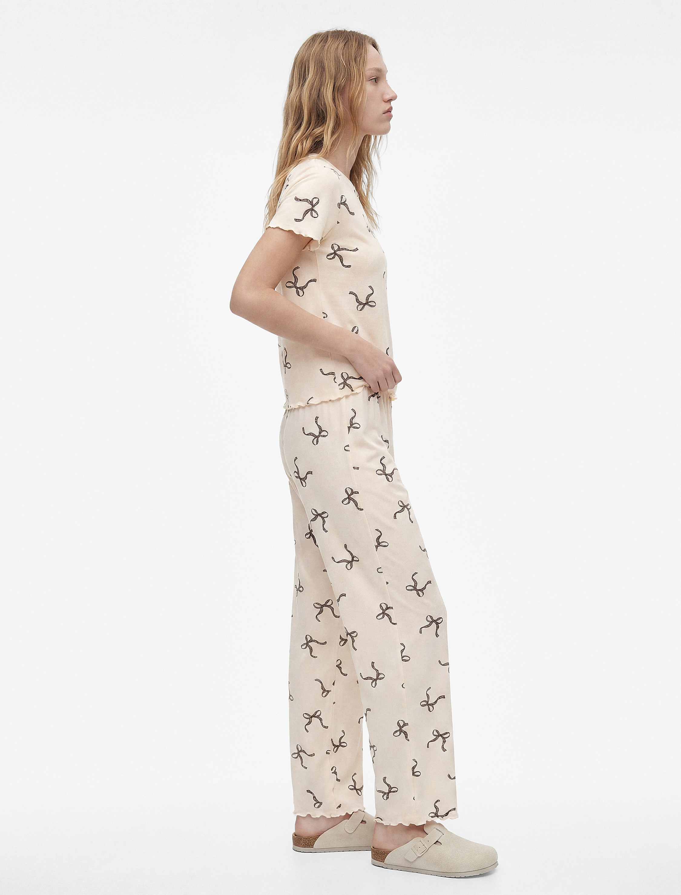   Viskon Kumaş Beli Lastikli Fiyonk Desenli Pijama Altı