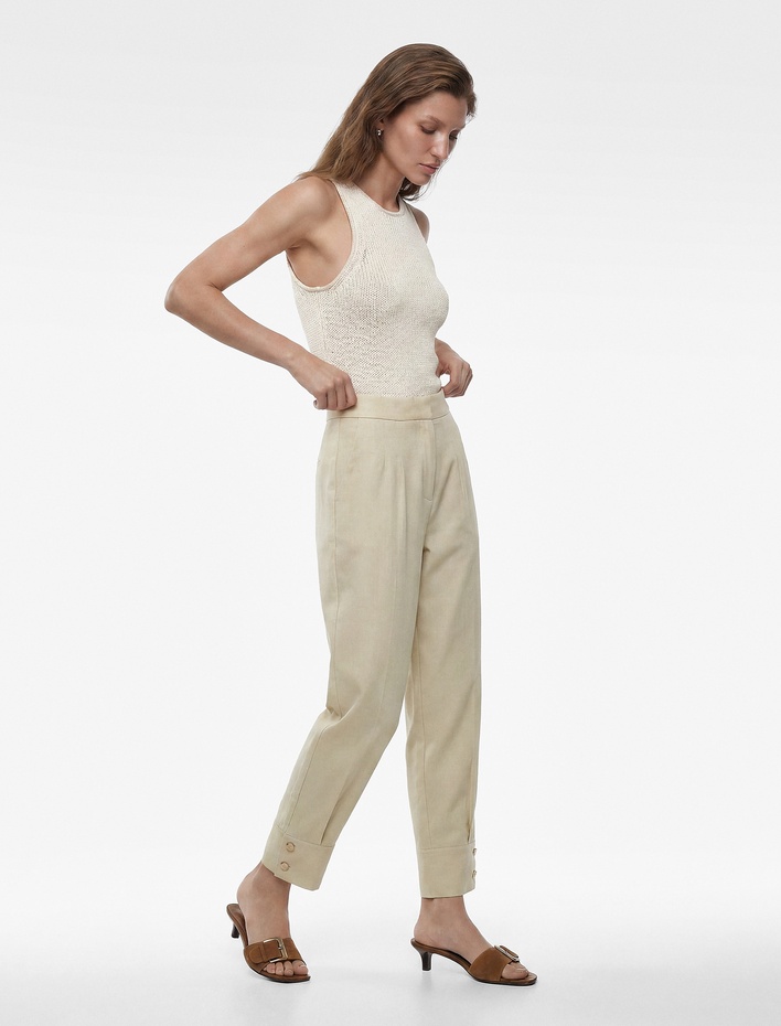  Aksesuar Düğme Detaylı Duble Paça Straight Fit Keten Pantolon