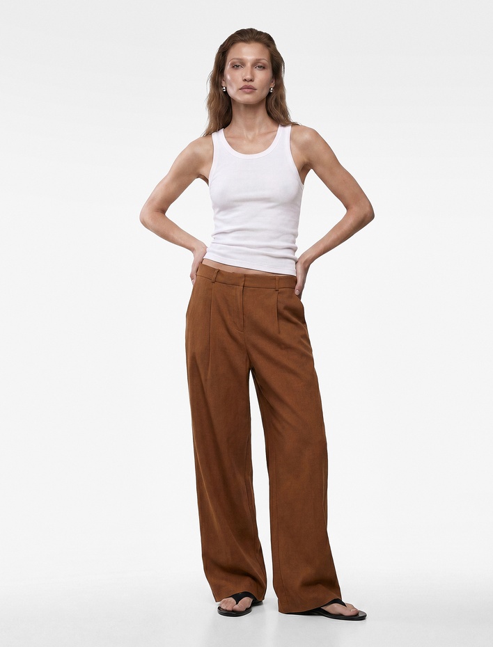  Cepli Pile Detaylı Geniş Paça Baggy Keten Pantolon
