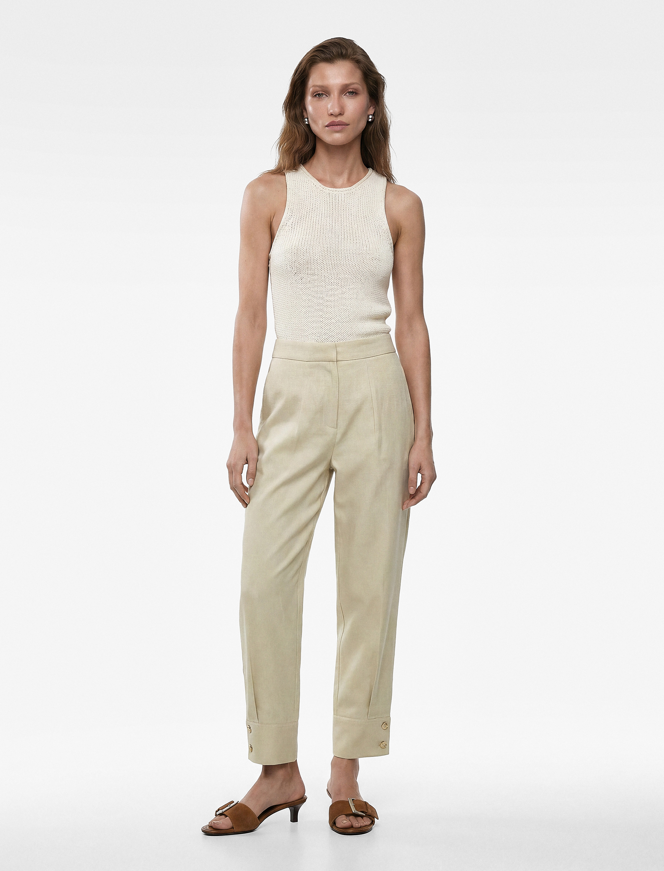   Aksesuar Düğme Detaylı Duble Paça Straight Fit Keten Pantolon