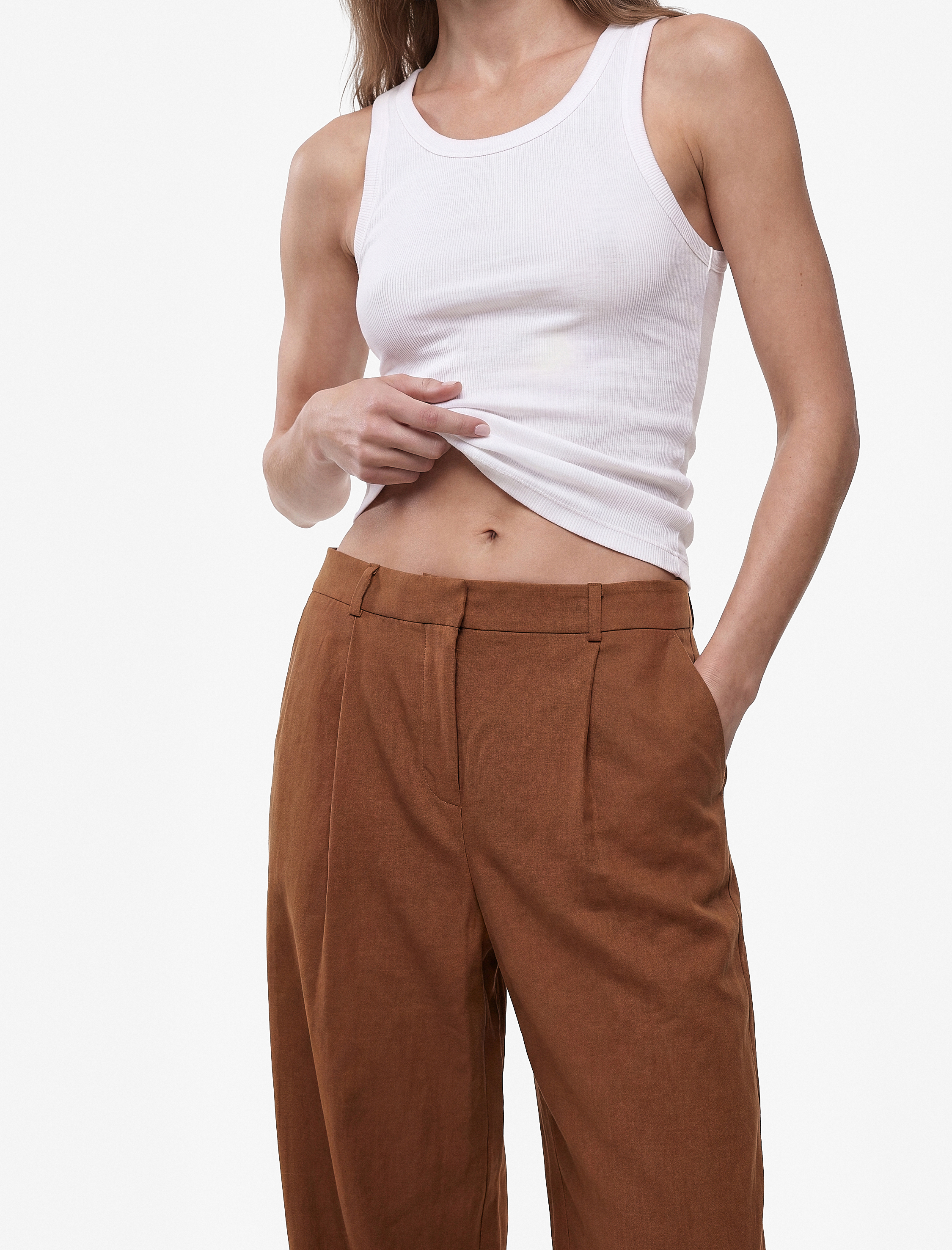   Cepli Pile Detaylı Geniş Paça Baggy Keten Pantolon