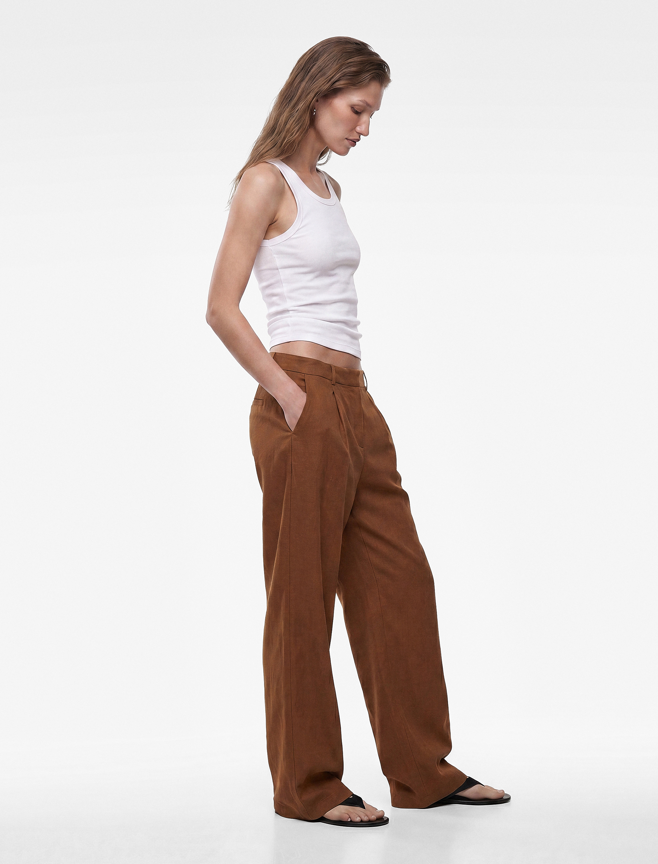   Cepli Pile Detaylı Geniş Paça Baggy Keten Pantolon