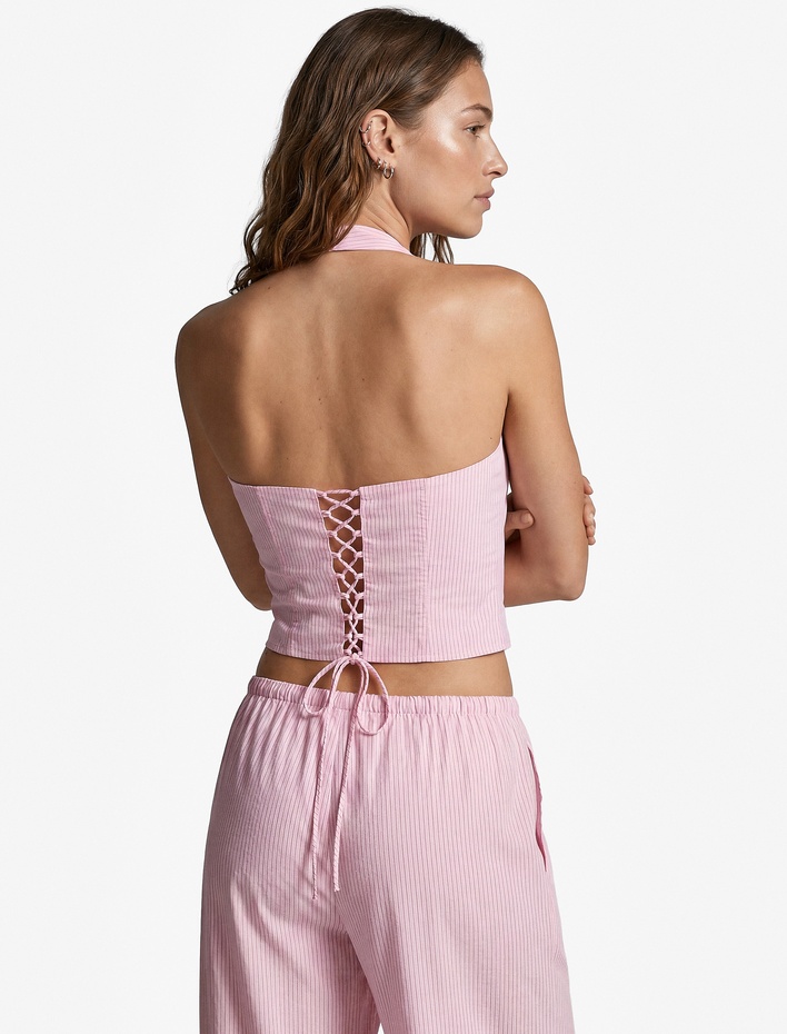  Koton X Sibil Çetinkaya - Pamuklu Slim Fit Arkadan Bağlama Detaylı Çizgili Halter Yaka Korse Büstiyer