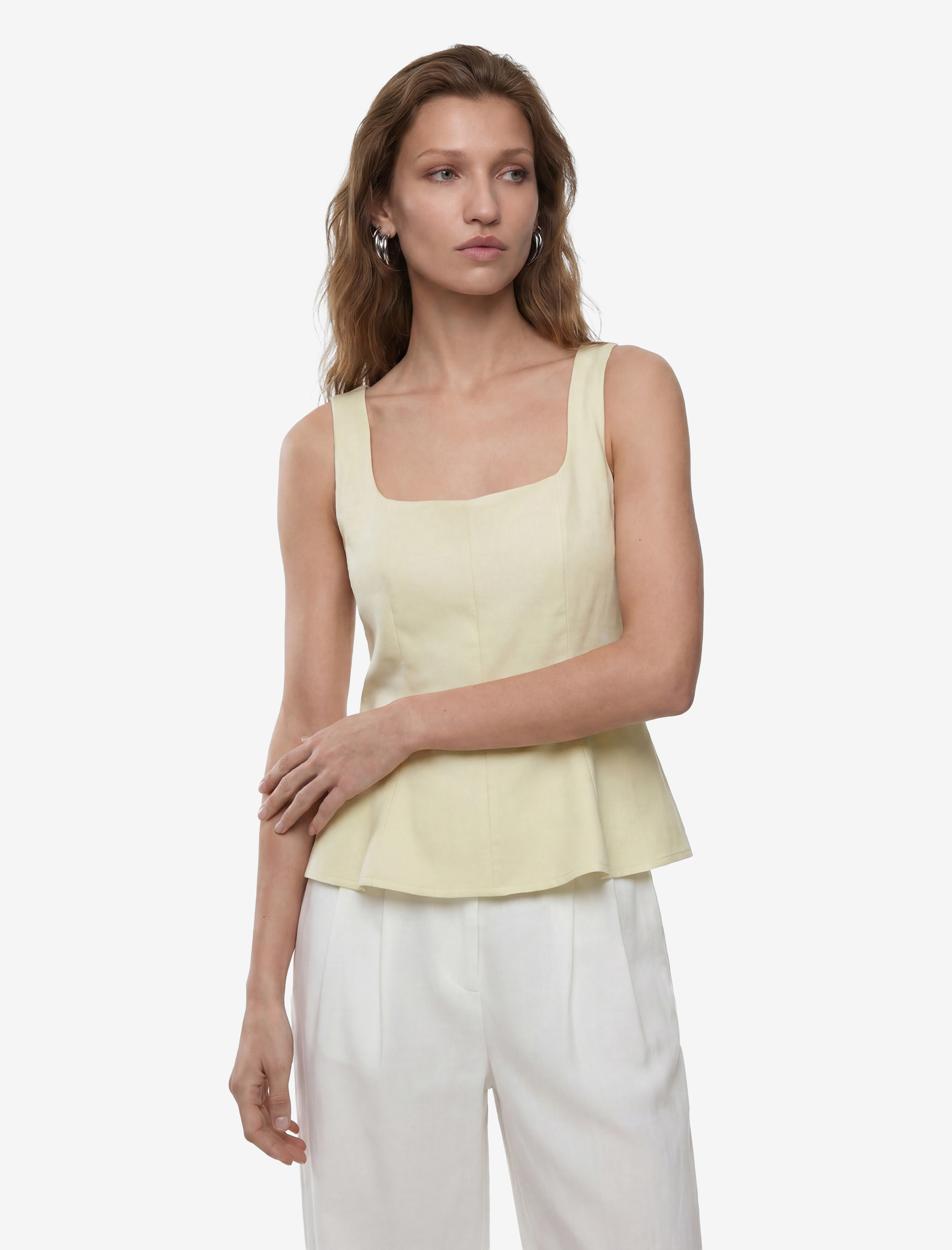   Kolsuz Kare Yaka Peplum Keten Bluz