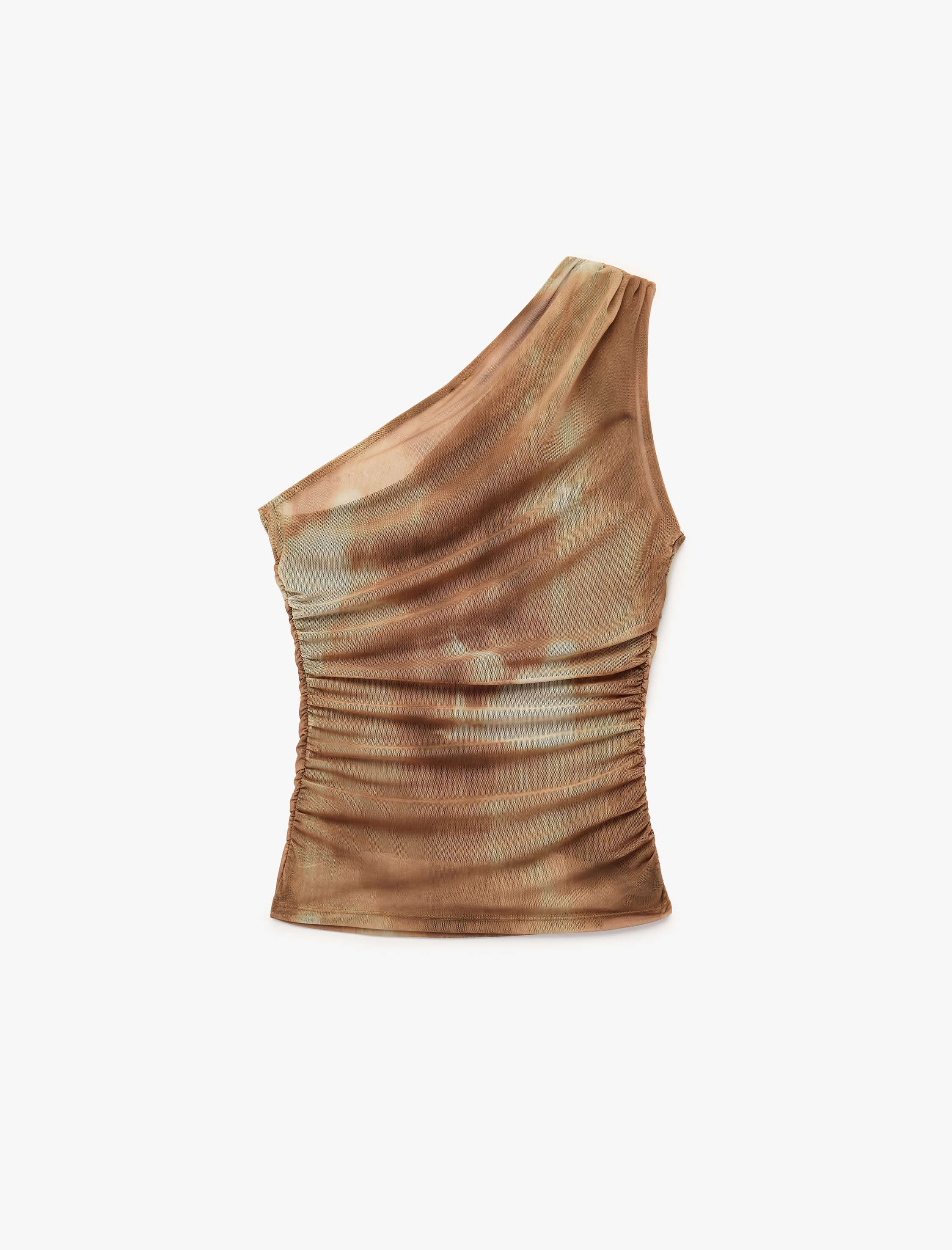   Batik Desenli Drapeli Tül Slim Fit Tek Omuz Bluz