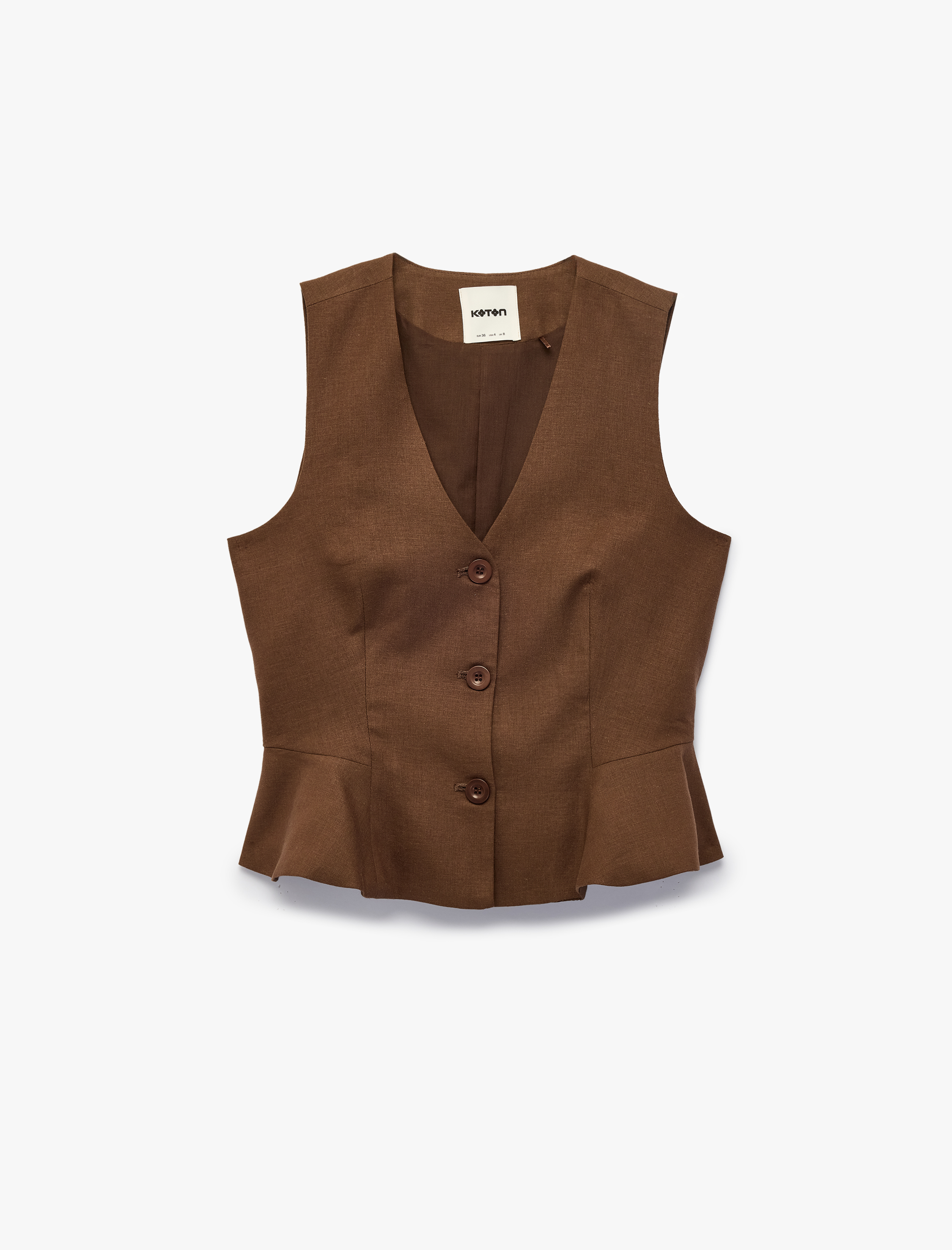   V Yaka Düğmeli Peplum Keten Yelek
