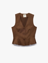 V Yaka Düğmeli Peplum Keten Yelek