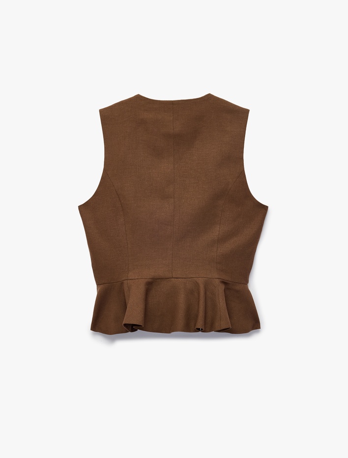 V Yaka Düğmeli Peplum Keten Yelek