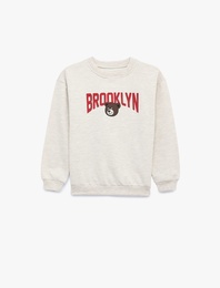 Şardonlu Uzun Kollu Bisiklet Yaka Baskılı Oversize Sweatshirt