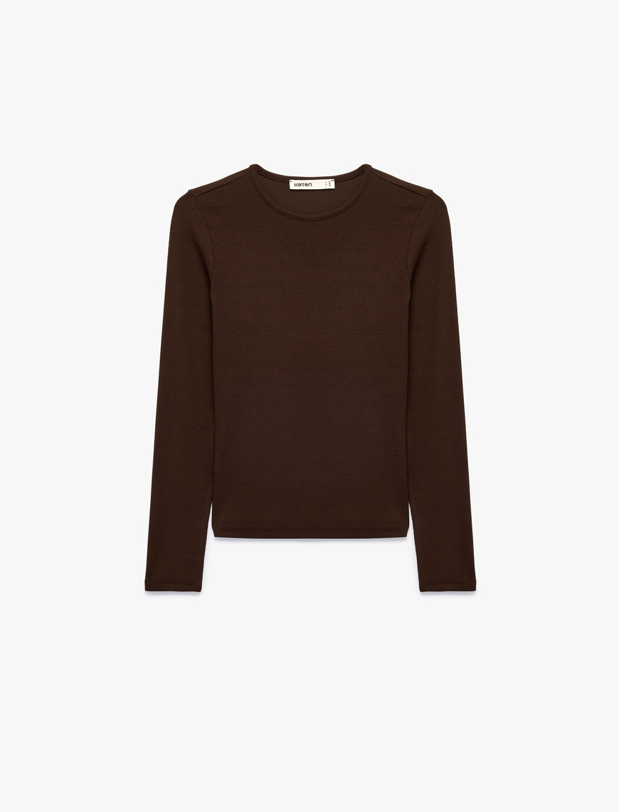Koton Kadın Modal Kumaş Slim Fit Bisiklet Yaka Uzun Kollu Tişört