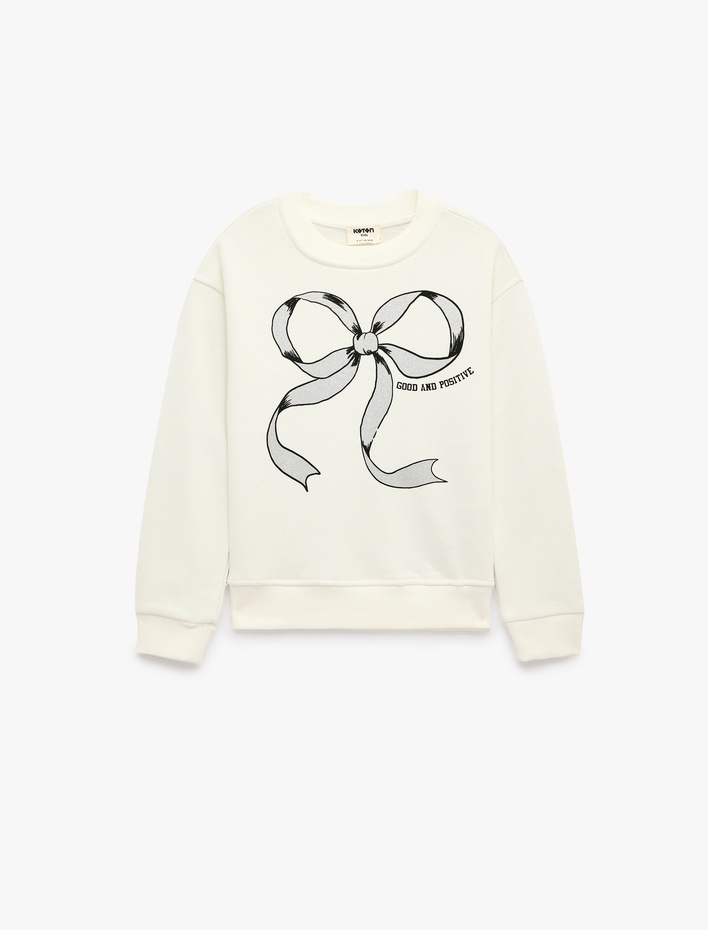 Kız Çocuk Fiyonk Baskılı Uzun Kollu Bisiklet Yaka Sweatshirt