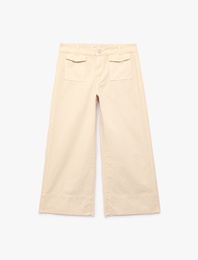 Pamuklu Düğmeli Normal Bel Cep Detaylı Bol Paça Pantolon - Culotte Jeans