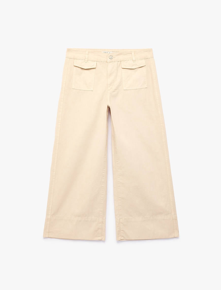 Koton Kadın Pamuklu Düğmeli Normal Bel Cep Detaylı Bol Paça Pantolon - Culotte Jeans