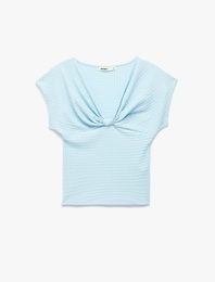 Bürümcük Kumaş Dokulu Slim Fit Kolsuz Düğüm Detaylı V Yaka Tişört