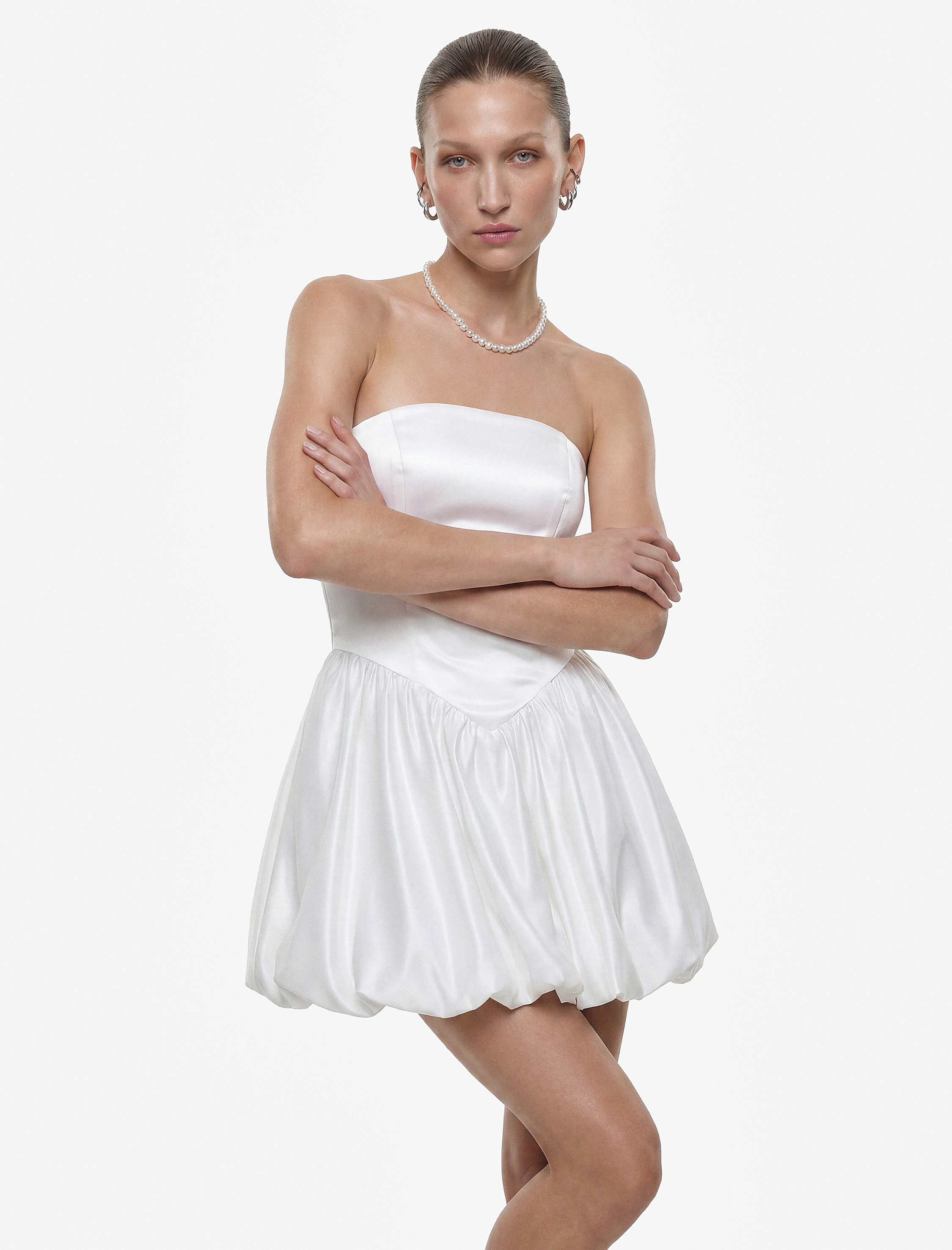   Slim Fit Straplez Kolsuz Mini Saten Balon Nikah Elbisesi