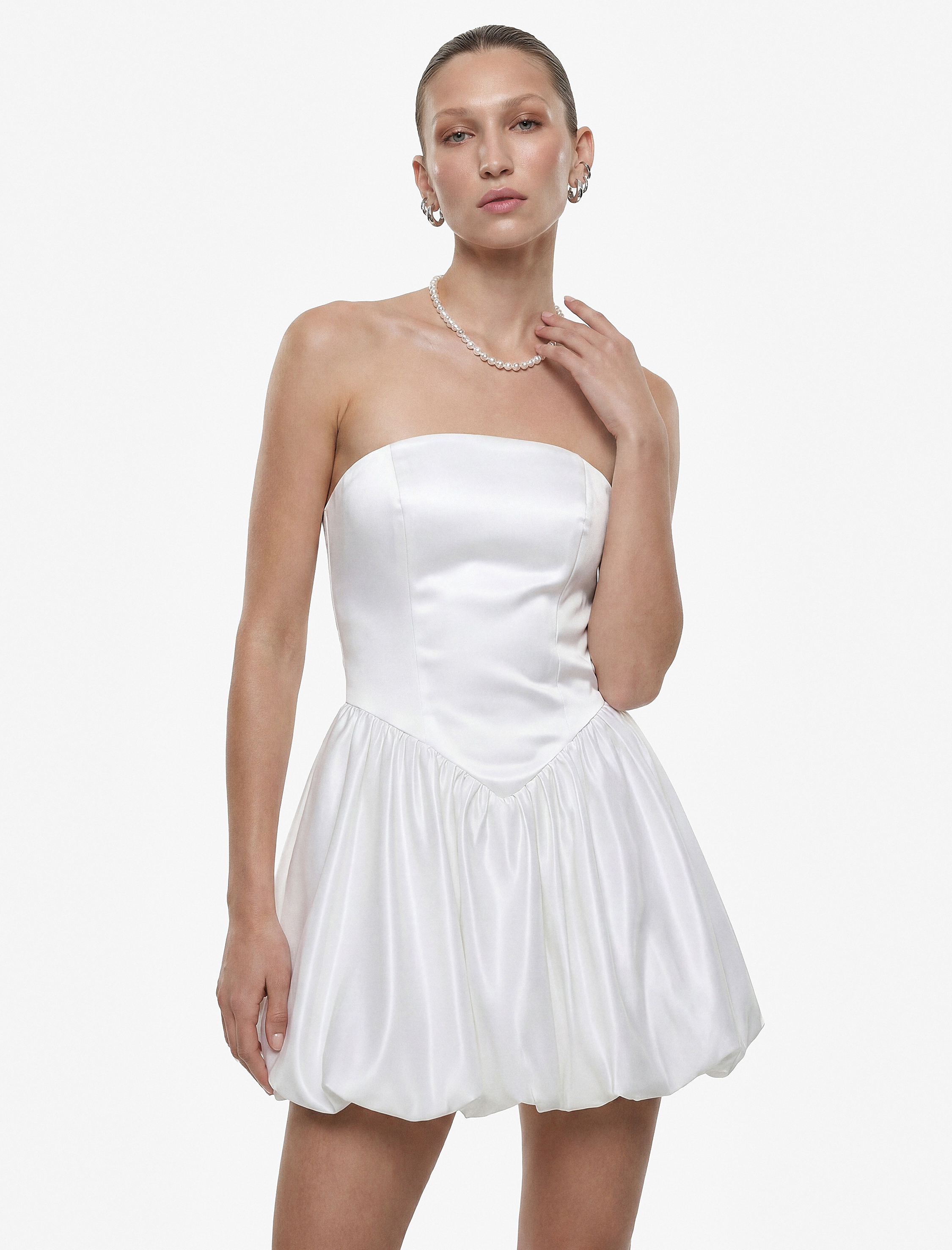   Slim Fit Straplez Kolsuz Mini Saten Balon Nikah Elbisesi