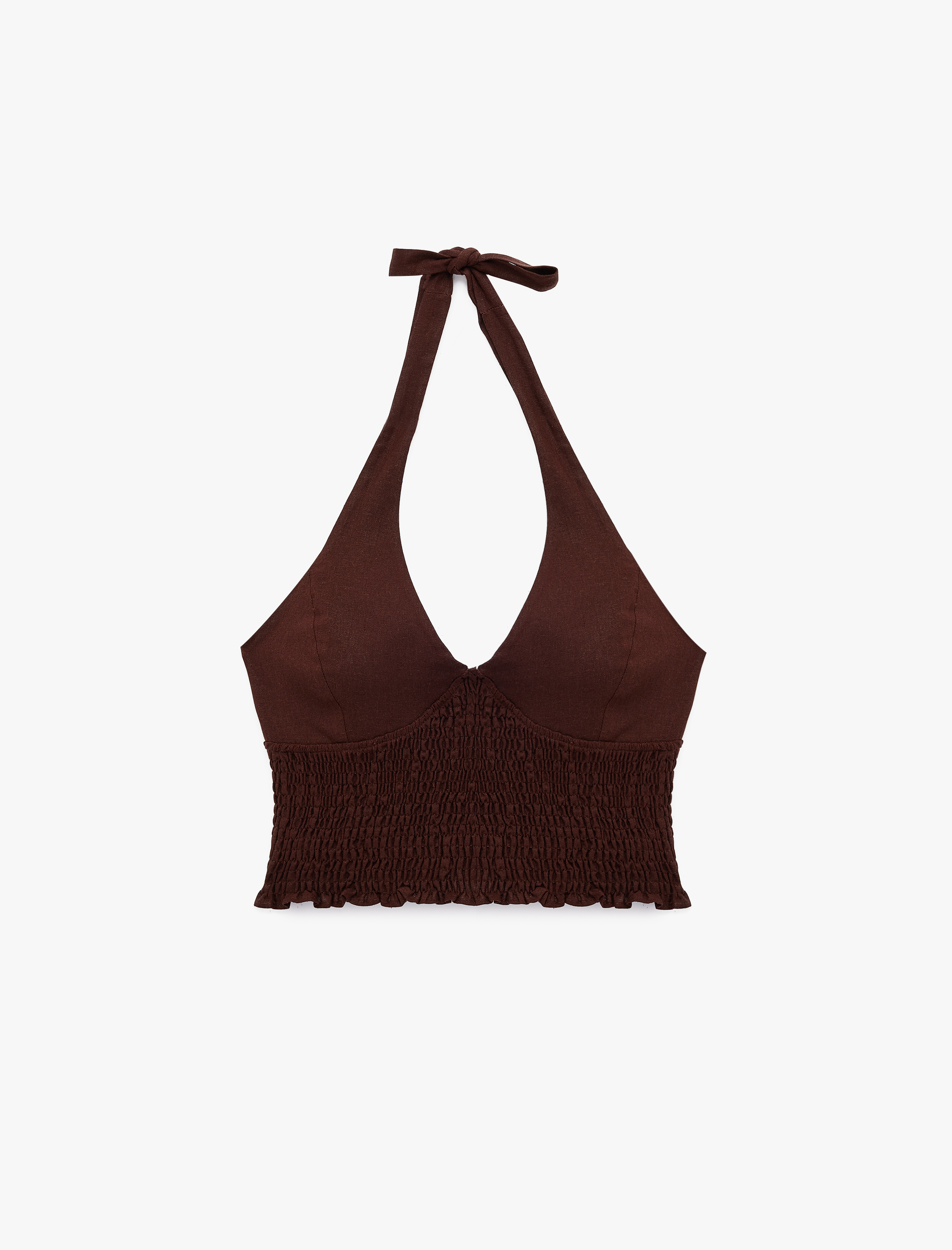   Keten Karışımlı Halter Yaka Boyundan Bağlamalı Gipeli Crop Top