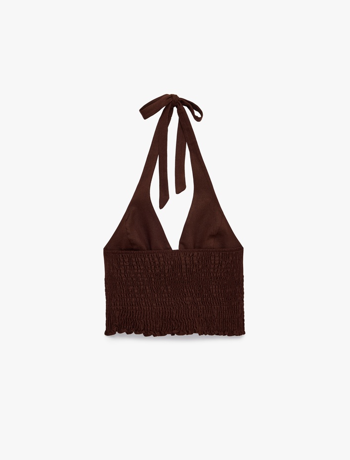  Keten Karışımlı Halter Yaka Boyundan Bağlamalı Gipeli Crop Top