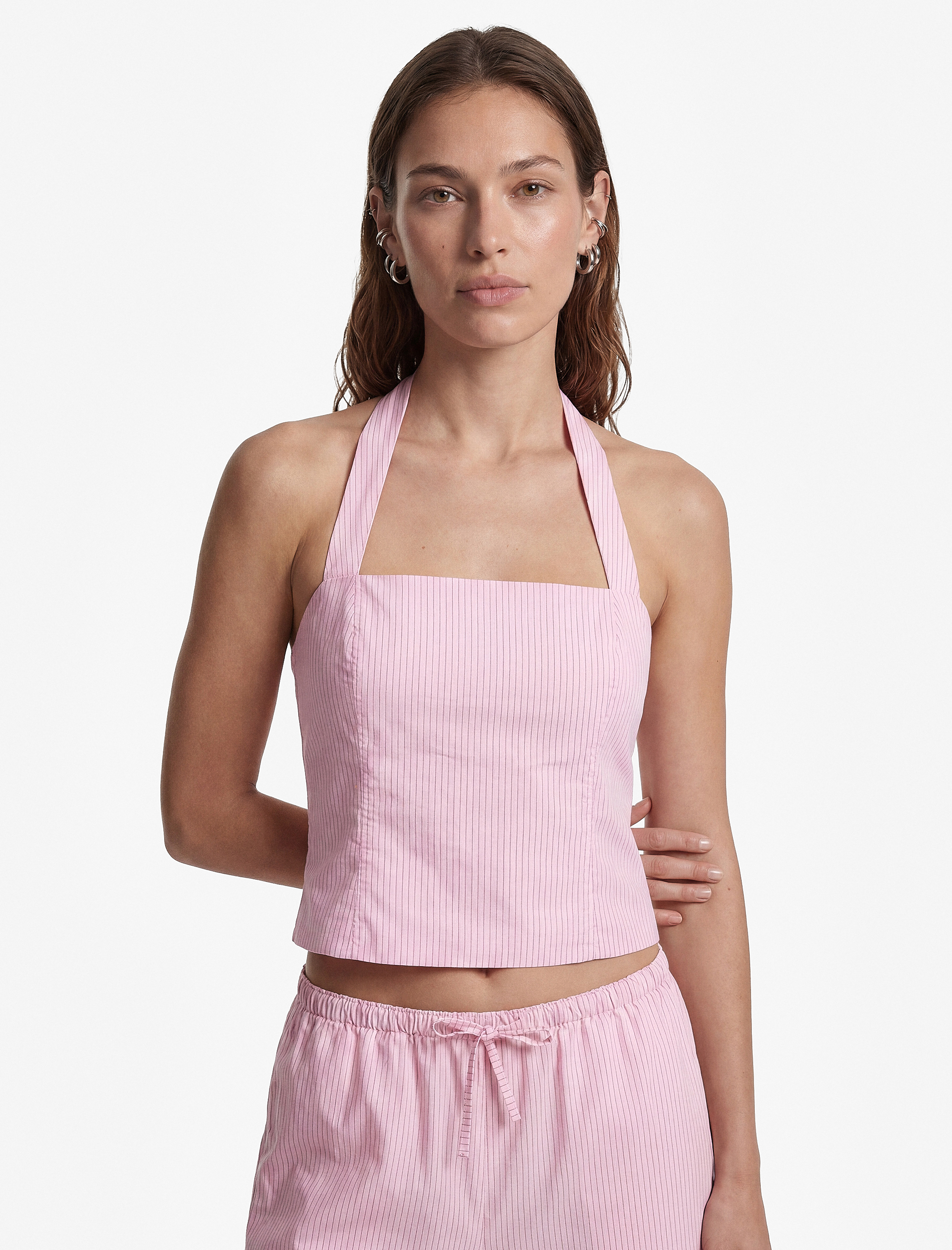   Koton X Sibil Çetinkaya - Pamuklu Slim Fit Arkadan Bağlama Detaylı Çizgili Halter Yaka Korse Büstiyer