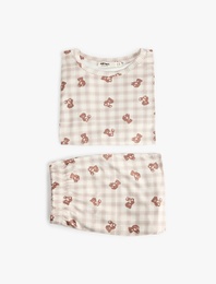 Rahat Kalıp Ayıcık Baskılı Kısa Kollu Şortlu Pijama Takımı