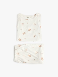 Ayıcık Baskılı Rahat Kesim Bisiklet Yaka Kısa Kollu Pijama Takımı
