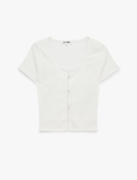 Kısa Kollu Slim Fit Düğmeli Kaşkorse Dantel Detaylı Bisiklet Yaka Tişört